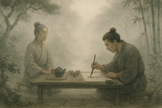 misty tea ceremony scene