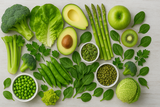Flat lay of seasonal green vegetables for TCM spring liver health support