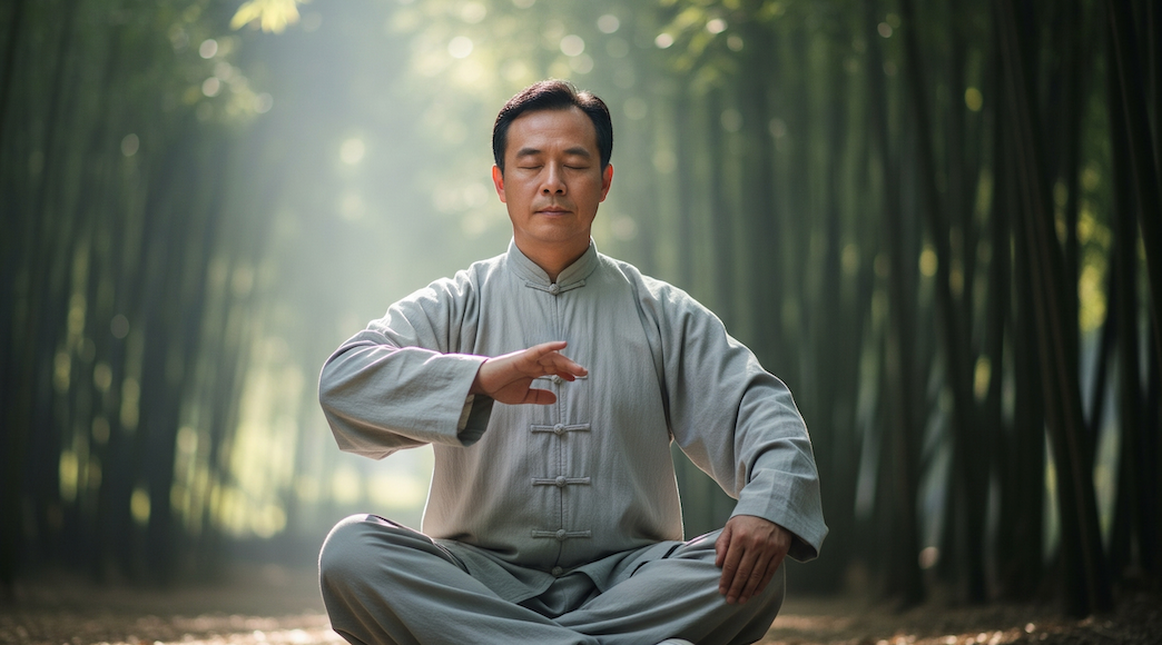 practicing seated breathwork outdoors